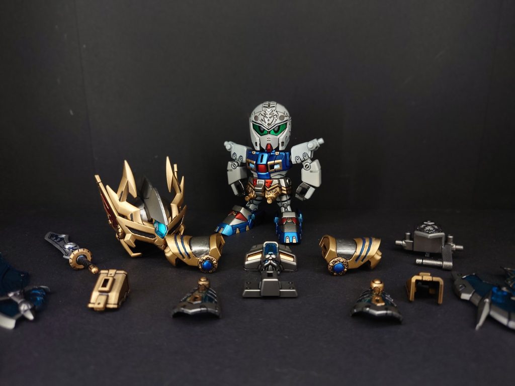 軽装形態と以下カラーレシピホワイト…タミヤパールホワイトブルー…GXメタルブルーレッド…ガイアプレミアムメタリック深紅ゴールド…Mr.スーパーリッチゴールドシルバー…Mr.スーパーアイアン2剣シルバー…GMシャインシルバーホワイト部下地…エヴォシルバーホワイト以外下地…EXブラック中仕上げ…水性プレミアムトップコート光沢最終仕上げ…水性プレミアムトップコートUVカットスムースクリアつや消し以上でエアブラシ、筆塗り、スプレー缶塗装で全塗装をしております。