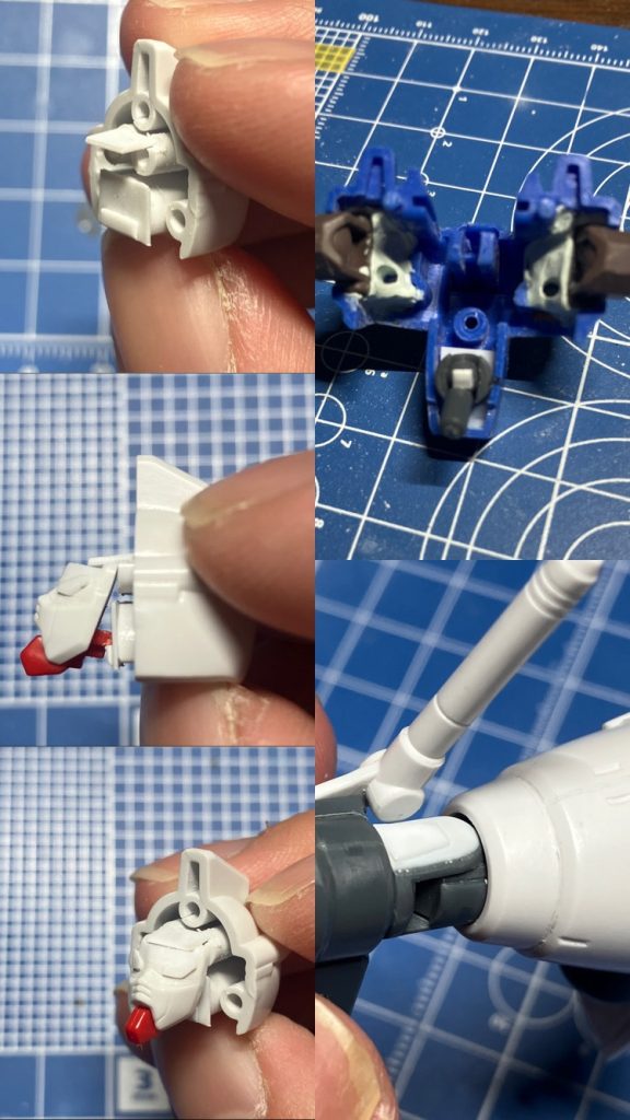 小さい制作箇所達頭部は少しキットのままだと違和感を感じたので、色々いじくっていたら奇跡的に納得できるポイントを見つけました。肩の引き出し関節は、中の部分をできるだけ削り取り、エポパテで固定。ちょっと緩いですが、塗装して少し渋みが出ました。又、胴体の接続方法も変更して、多少前後に動くようにしましたが、キット自体に動かすクリアランスが無いので、そこを確保しなかったために結局あんまり動かないですね。反省。ユニバーサルブースタ―の付け根のポリキャップが出ていた所を、0.3㎜部分で貼り付け。見えにくい所ですが、満足の為に改造。