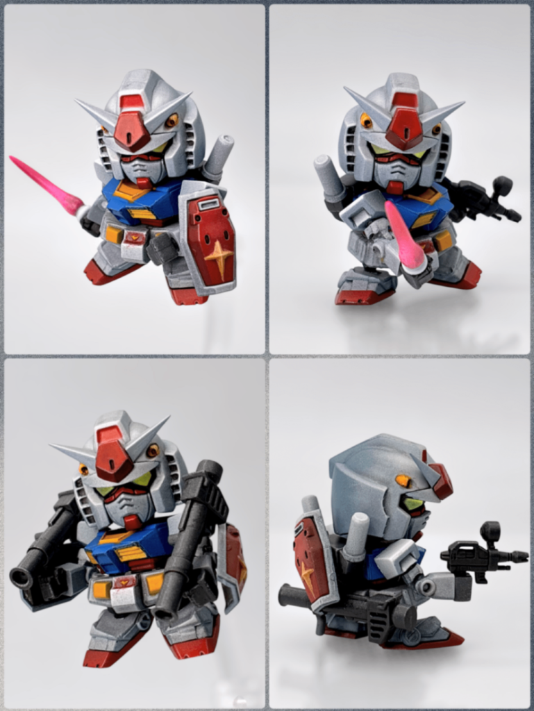 ガンダムは肩と腕の付け根の捻りが無いので、切断して捻り軸と肘関節を追加、首と足に球体ジョイントを埋め込みました。ビームライフルのスコープもディテールアップ。エアブラシで全塗装の上、バルカン砲と腰のVを筆塗りしました😃ちなみに、バズーカとサーベルはガンダムに付属しておらず、別途武器セットが必要です。