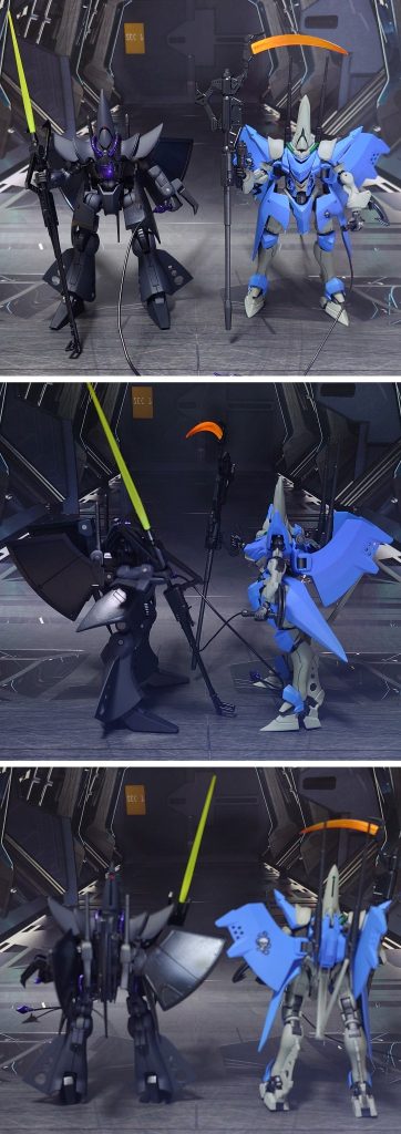 過去作のHGUCハンブラビとの比較。■塗装レシピ・ゲーツ・キャパ専用機グレー：パーツ裏側に黒サフ→パーツ表側にグレーサフ→ロイヤルライトグレイ→光沢→つや消し青：パーツ裏側に黒サフ→パーツ表側にグレーサフ→ロイヤルブルー→光沢→つや消し緑：黒サフ→デイトナグリーン→光沢→つや消しモノアイ：黒サフ→シャインシルバー→メタリックグリーン→光沢・ドゥー・ムラサメ専用機紫：黒サフ→パープル→光沢→つや消し赤：パーツ裏側に黒サフ→パーツ表側にグレーサフ→MSレッド→光沢→つや消しモノアイ：黒サフ→シャインシルバー→メタリックレッド→光沢・ハンブラビ共通金属色グレー：黒サフ→ブライトガンメタル→光沢→つや消し(一部光沢無し)武器類黒：黒サフ→MSグレー連邦系→光沢ビームエフェクト：先端側にメタリックオレンジ→根元側にグランプリホワイト→全体に蛍光オレンジその他部分塗装、墨入れ：ガンダムマーカー各種・サイズ(2機共通)黒：黒サフ→MSグレー連邦系→光沢金：黒サフ→ゴールド→光沢銀：黒サフ→ブラック→メタルシルバー→光沢グレー：黒サフ→ガンメタル→光沢