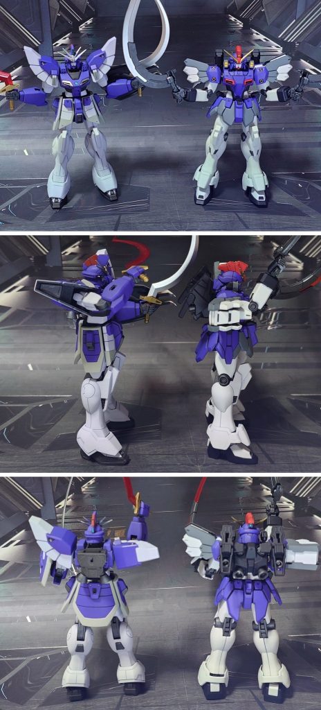 過去作、TV版サンドロックのオリジナルカラーとの比較。■塗装レシピ白：パーツ裏側に黒サフ→パーツ表側にグレーサフ→パープルヘイズ→キャラクターホワイト→光沢→つや消しグレー：黒サフ→呉海軍工廠グレイ→光沢→つや消し紫：黒サフ→パープル→光沢→つや消し黒：黒サフ→メタリックブラック→光沢→つや消し金：黒サフ→ゴールド→光沢赤∶グレーサフ→MSレッド→光沢→つや消し間接類グレー：黒サフ→ブライトガンメタル→光沢→つや消しマント用追加アーマー黒：グレーサフ→黒鉄色→光沢→つや消しマント用追加アーマー内部パーツ：黒サフ→光沢→つや消しヒートショーテル刃銀：黒サフ→ダークブルー→メタルシルバー→光沢ヒートショーテル刃赤：メタリックレッド→光沢頭部カメラ・ツインアイ：キット付属シールに光沢肩センサー黄色：キット付属シールに光沢→つや消しマント布部：つや消しその他墨入れ・部分塗装：ガンダムマーカー各種