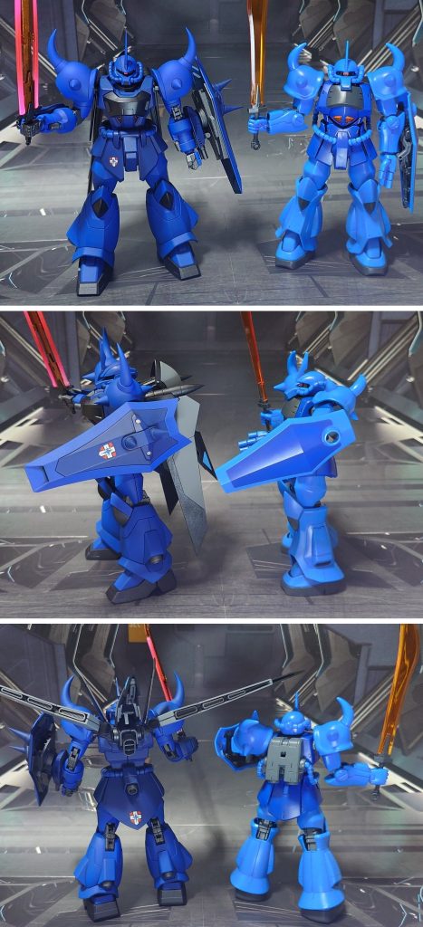 宇宙世紀版グフ(HGUC REVIVE)との比較。■塗装レシピ青①：黒サフ→ブルー→光沢→つや消し青②：黒サフ→キャラクターブルー→インディブルー→光沢→つや消し黒：黒サフ→メタリックブラック→光沢→つや消し橙：黒サフ→シャインシルバー→メタリックオレンジ→光沢グレー：黒サフ→呉海軍工廠グレイ→光沢→つや消し金属色グレー：黒サフ→ブライトガンメタル→光沢→つや消しビーム刃エフェクト：中央にメタリックレッド→先端側にベースホワイト→全体に蛍光ピンクスレイヤーウィップ赤：メタリックレッド→光沢モノアイ：市販シール素材を使用モノアイレール：黒サフ→つや消し墨入れ・部分塗装：ガンダムマーカー各種を使用