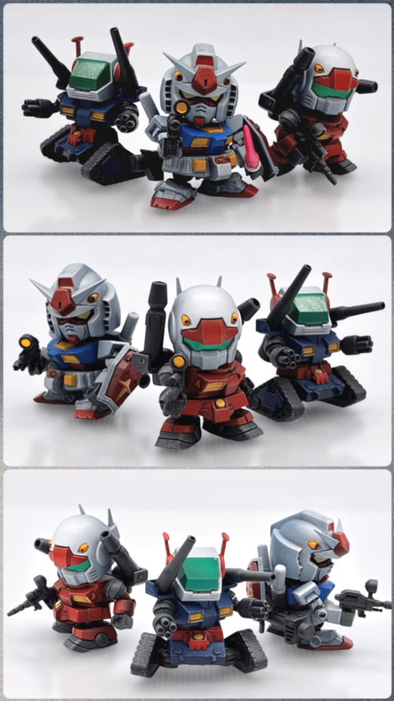 やはり3機で並べたくなりますね😃コンパクトにまとめて飾れるアクリルボックスが欲しくなりました😁以上、食玩は旬の宇宙と思い連休にサクッと脱線してみました。良い気分転換になったので、またビグザム戦の制作に戻ります😌