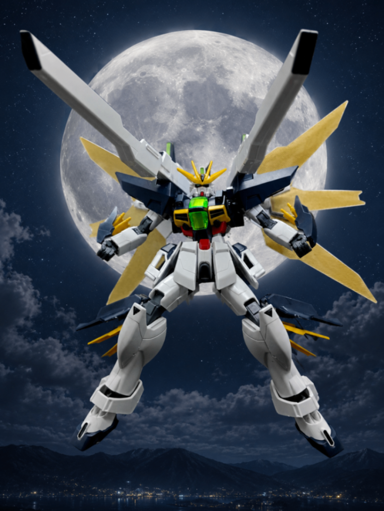 五つ目はHGガンダムダブルエックスです月をバックにツインサテライトキャノンを撃とうとしてるワンシーンです遠くの方に街がうつってるので、それを守るために戦ってるみたいなシーンですかね
