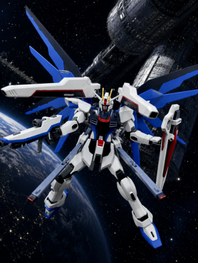 四つ目はHGフリーダムガンダムですコロニーが浮かぶ宇宙空間をお願いしました地球も一緒にうつってるので、地球とコロニーを守るために戦ってる風になりましたね