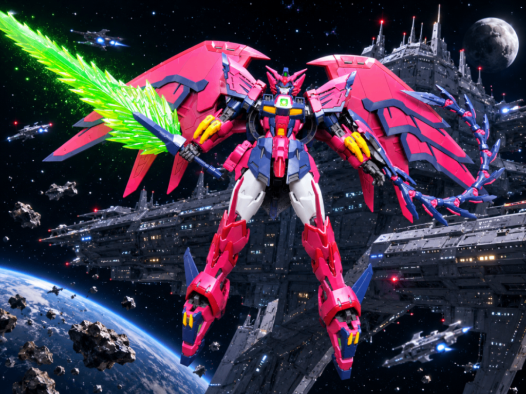3つ目は、RGガンダムエピオンです宇宙要塞の前に立ち塞がる感じで、最終決戦っぽいですねRGエピオンは某通販で予約開始当時運良く予約できて初版を買えたんですよね棚の守護神だと冷笑されてた時期もありましたが、僕はこのMS、そんな事情は関係なく純粋に好きなMSの一機なのです