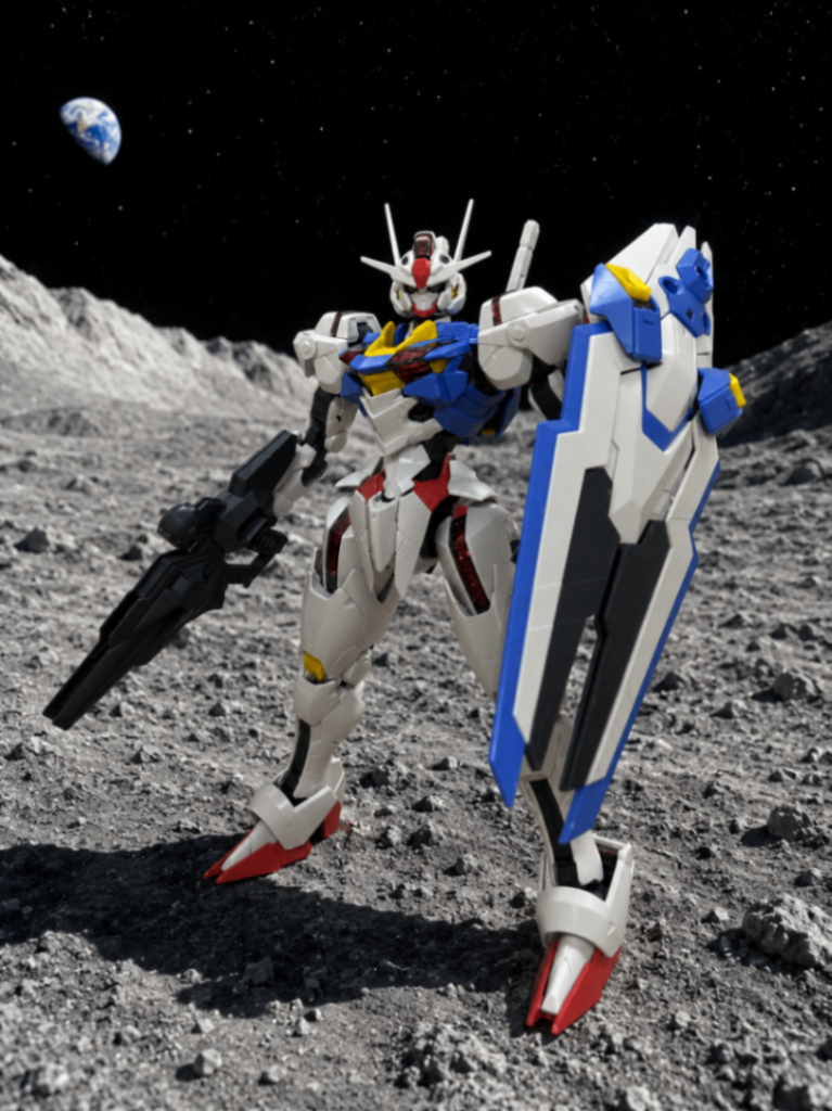 三つ目は、フルメカニクスガンダムエアリアルです月面に立つエアリアルをお願いしたらこんな感じに仕上がりました上手く説明できませんが、月面にエアリアルってなんとなく様になってる気がするんですよね