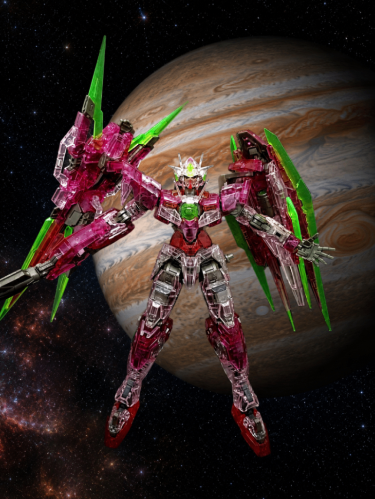 七つ目は、RGダブルオークアンタフルセイバー(トランザムクリア)です木星をバックにトランザムを発動している的なシーンですかねこのキットは6年前プレバンで買ったものです僕が初めて購入したプレバン限定キットなので、思い入れのあるキットなんですよね