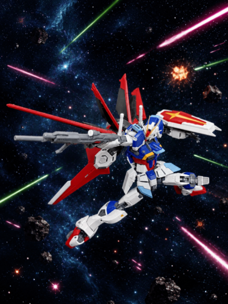 四つ目は、RGフォースインパルスガンダムですビームが飛び交う宇宙空間をお願いしたらこの背景ができましたシン、あるいはルナが敵の攻撃をかいくぐりながら戦ってる感じですかねシン「このぉーっ！！」ルナ「やらせないわ！！」