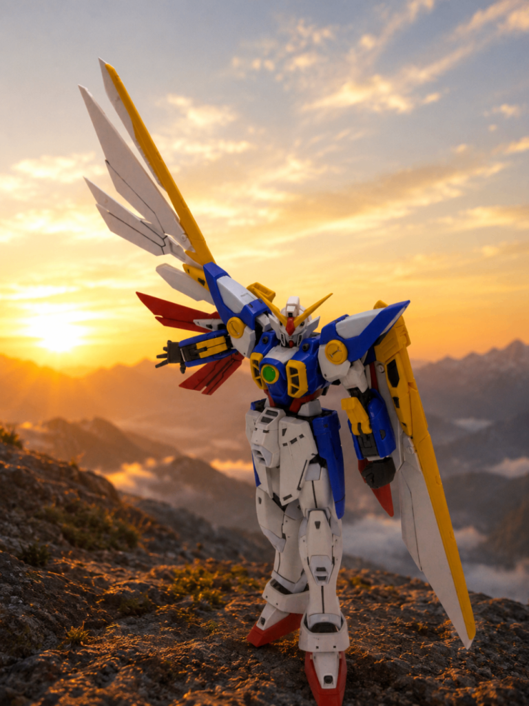 六つ目は、RGウイングガンダムです朝日が昇る風景に佇んでいる感じにしてくださいとお願いしました何となく様になってるので良いのではないでしょうか(自画自賛)