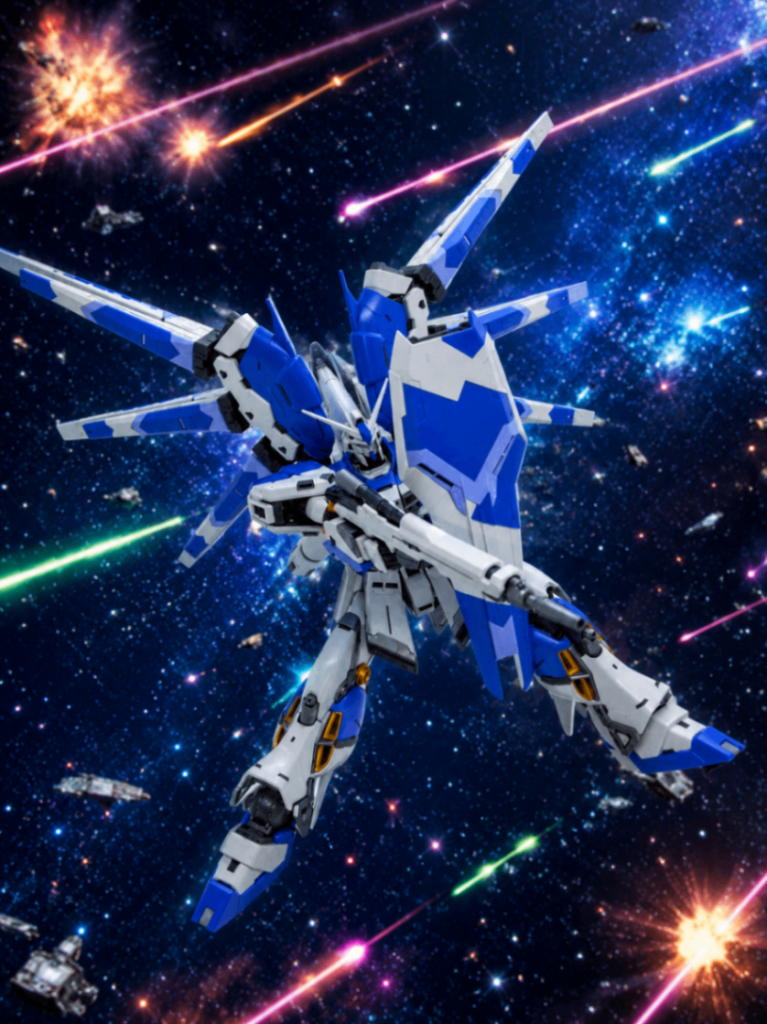 五つ目は、RGHi-νガンダムですこれもビームが飛び交う宇宙空間をお願いしましたビームが飛び交って爆発が起こりまくる宇宙空間って、最終決戦感が強いですよね殆どのガンダム作品が最終決戦は宇宙で行うので、そういうイメージがあるのですかね
