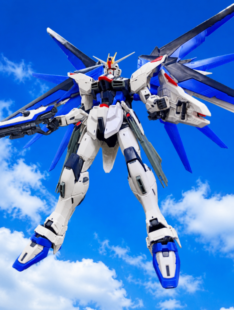 四つ目は、MGフリーダムver2.0ですフリーダムと言えば青空、というイメージが強いですねチャットGPTが作ってくれた背景が臨場感高くて今にもMeteorが聞こえてきそうです