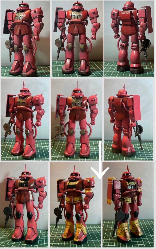 ホワイト、オレンジ、イエロー、ガンダムレッドを混ぜて基本色。胴体はガンダムレッドにレッドブラン。徐々上がる色を足してハイライト的に乗せていきました。