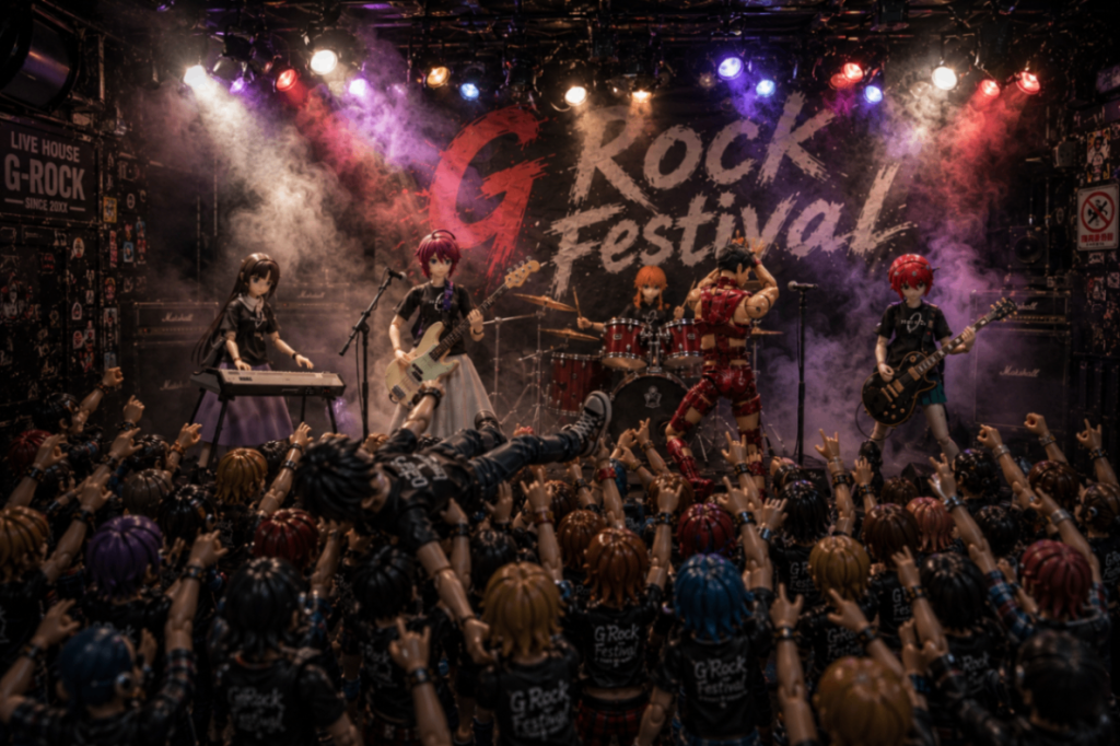 ライブハウス風。AIに指示しまくったら顔が別人になってしまいました😅観客もフィギュア風にしてみましたw