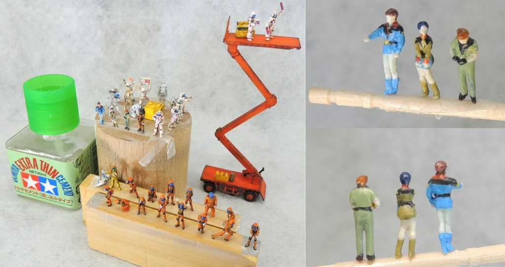 ■フィギュア等　ＭＳの巨大感や臨場感を演出するために、1/144スケールのフィギュアを配置することにしました。アムロはＲＧのキット付属のパイロットスーツ姿を改造して士官服姿に変更し、チェーンは以前製作したフラウ・ボウのフィギュアを盛り削りして改造。オクトバーはＮゲージの駅員から自作しました。その他の整備兵は、箱庭技研の一般整備員スペースパイロット&クルーやウェーブのモビルスタッフを改造して使用しています。　昇降機やコンテナ等の小物は、全てプラ板・プラ材・リード線・エッチングパーツ等で自作したものを使用しています。