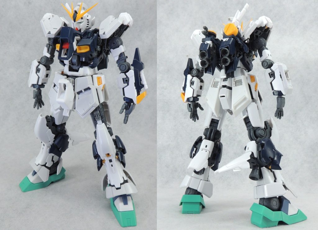■脚部　足パーツは、「HG1/144アリュゼウス」製作時にRGのものをHG量産型νガンダムに移植したため、本機はHG量産型νガンダムの足パーツを使用しました。ただし、モールドが入っていないため、RG基準のディティールを追加しています。　両足首の前後、ふくらはぎの横と後ろのスラスター、太ももの側面等をシルエットが崩れない程度に極力オープン状態にしました。左側の太ももは前部の装甲を取り付けずに内部メカを露出させ、新たにシリンダーのディティールを追加工作して埋め込みました。■腰部アーマー　フロントアーマーは、装甲版をずらした状態とノーマルの状態に分けて製作しました。　リアアーマーは、「HG1/144アリュゼウス」製作時にRGのものをHG量産型νガンダムに移植したため、本機はHG量産型νガンダムのそれにディティールを追加して使用しています。また、上部をハッチオープン状態で固定し、内部にエッチングパーツやプラ材でディティールを追加しました。サイドアーマーは、部分的にエバーグリーンのモールド入りプラ板に置き換え、ディティールを追加しました。