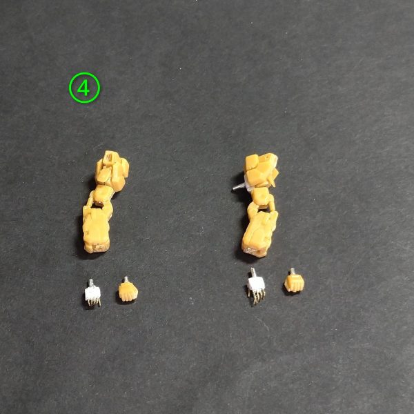 スーパーガンダム続いてGディフェンサー部の加工です。①の画像でロングライフルはやはり手に持たせたかったので、一体化してる下部ガードを切離してアルミ線接続、そのスペースにプラ板でグリップを作りこれもアルミ線接続で限定的ですが可動化。そしてロングライフルとの接続アームを画像が無いですが、各部細かく切離してアルミ線接続。②の画像でGディフェンサー本体は、合わせ目消し、面出しとモールド彫り直しのみで丁寧に仕上げました。③裏側④の画像でこれが今回の目玉で、ロングライフルを構える為の手首を自作しました。プラ板で手の甲を作り、本当は角で作りたかったんですが、サイズ的に無理なので、0.3ミリ真鍮線で指を加工して取付けました。本当に妥協したんですが、塗装するしサイズ的にはなんとか見れるかなと💦（5枚目）
