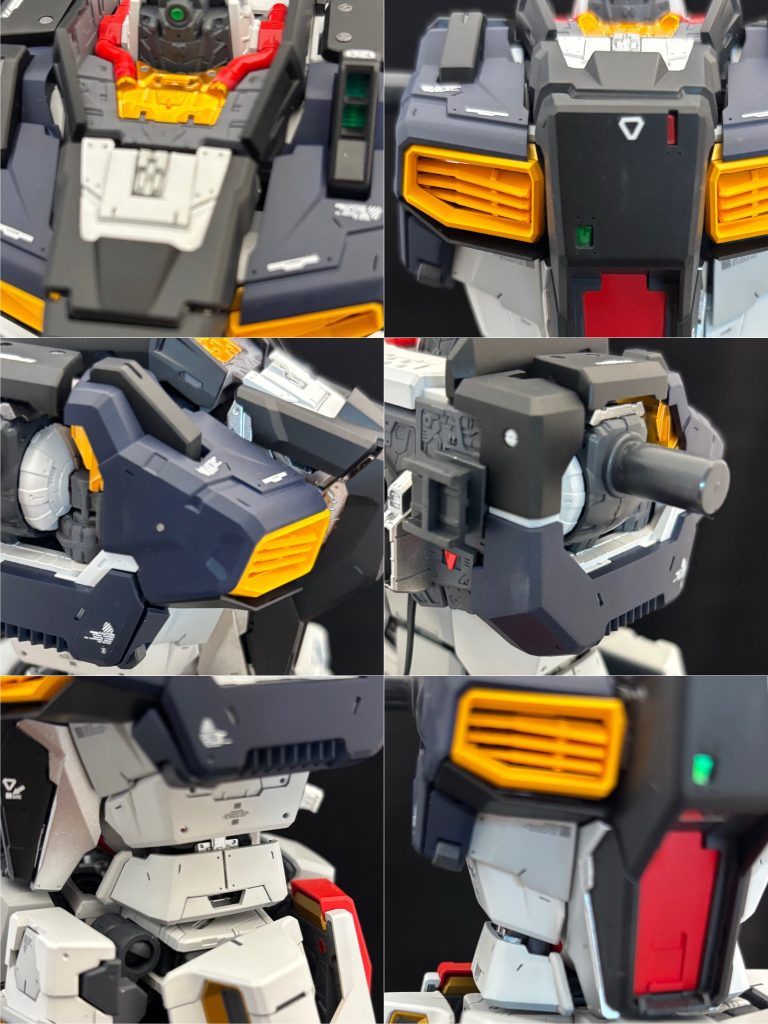 胸部パーツ。コックピットブロックの上部ホワイトパーツは市販パーツの埋め込みました。またコックピットブロックの黒パーツは3Dメタリックシールを寸法に合うようカットし、貼り付けています。他はマイナスモールドやエッチングパーツによりディテールアップです！
