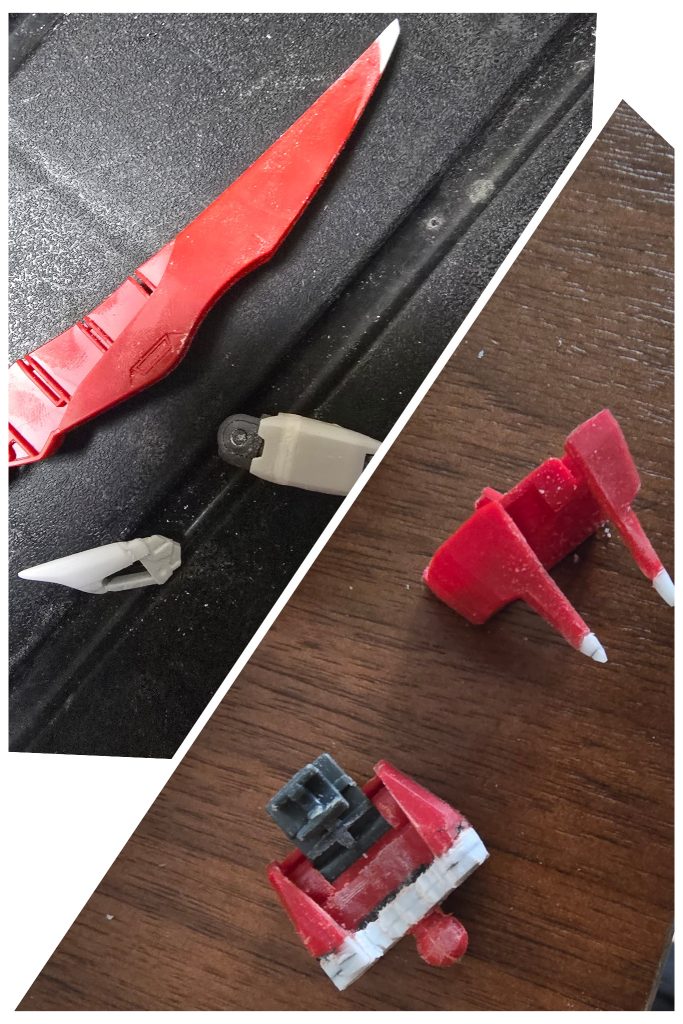 手持ちの1.2㍉厚のプラ板を使い首　部:1.2㍉腹　部:2.4㍉大腿部:2.4㍉ス　ネ:1.2㍉主　翼:2.4㍉足　首:1.2㍉(ここは接続部にブロック入れただけ)切って挟むだけなら意外と簡単ではありましたが、整形が困難でした。特に凹部肩ブーメランの形をメタルビルド風にしてみました。左右対称は難しい！一番の敵は老眼だ！