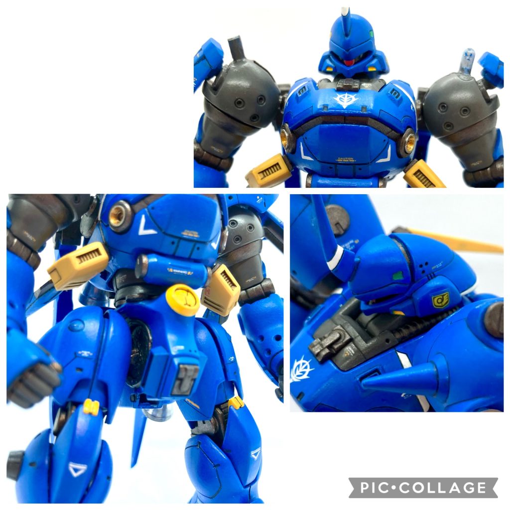 プロポーション変更①頭部本体とおでこのパーツの間にエクシアのパーツを挟み、おでこの位置を前に。また頭部の角パーツはあえて全部埋めず接合部が見えるようにして前側にずらし接着、より凶悪顔にしてます。頭部両サイドのバルカン砲は削り、左右黄と緑の識別灯をマテリアルシールで。モノアイは付属シールの上から赤のマテリアルシール貼ってます。②両肩のアーマーをいかり肩に。ランナーとパテで支柱作りそこにはめました。元からあった接続部にはウイングガンダムのパーツを取り付け。③お尻鼠蹊部のパーツはそのままだと短足に見えるので前後反対に。鼠蹊部部分を削り、ガニ股にできるようにしてます。前の黄色い丸のパーツ、後ろのスカートもウイングパーツです。
