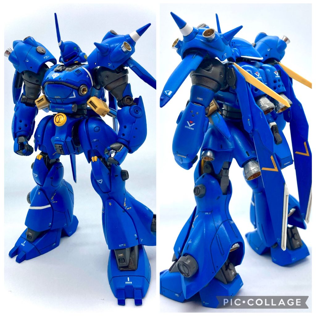 膝と脛の先にウイングガンダムのパーツを付けてディテールアップ。膝とくるぶしの横のグレーのパーツはG3ガンダムのパーツ。ケンプファー改造の定番、腕と背中の肉抜き部の穴あけ。筋彫り追加，ピンバイス穴あけを全身に施してます。白色のラインを頭部後ろ、胸、背部、右足に追加。&nbsp;