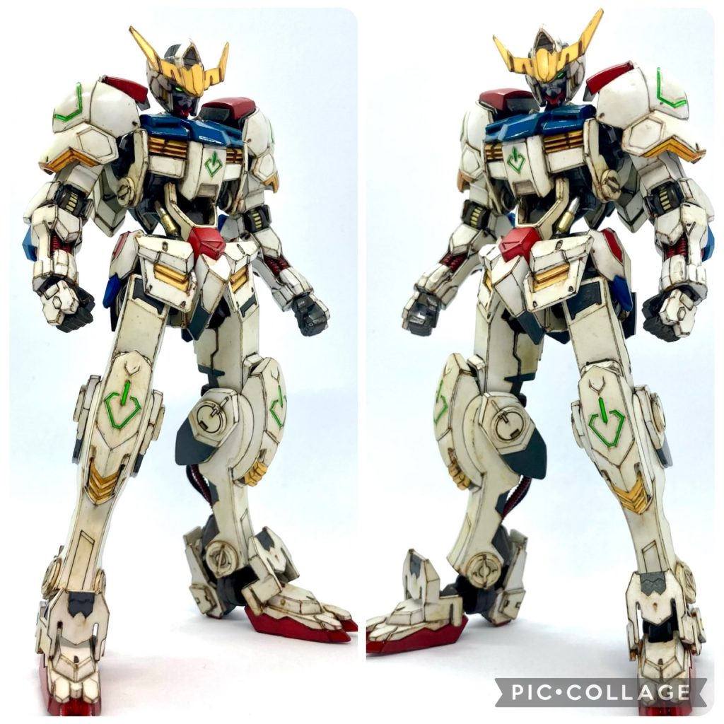 ガンスタモデラー様のバルバトス投稿作品を見て制作意欲湧き、初めてのオルフェンズシリーズです！実はこの作品は見たことなく😅、箱絵や投稿作品を見て推測、バルバトスは地上戦多く機体は汚していいと判断しウェザリング強めに仕上げました！😸
