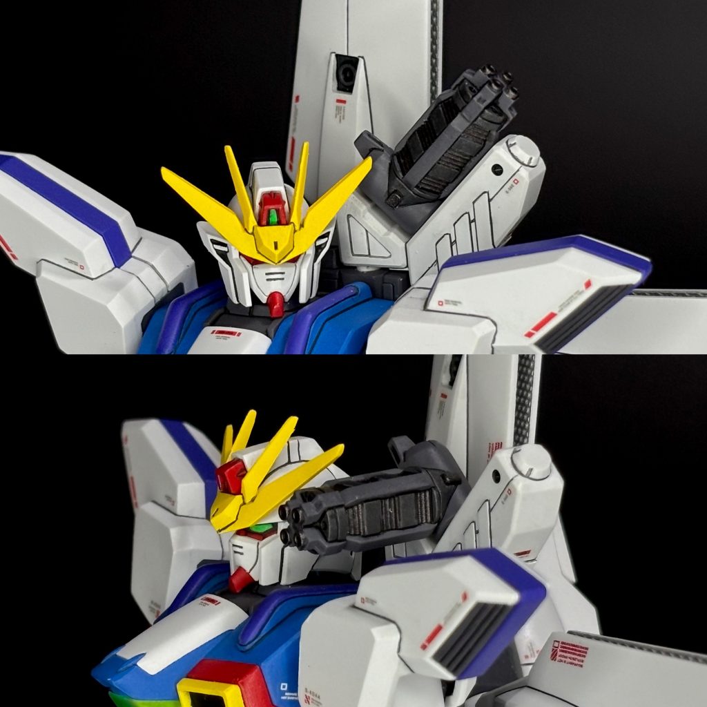 サブウェポンの肩ガトリング。ディティールが細かい上に合わせ目が出る部分もあるので作るかどうか迷いましたが、シルエット的にあった方が良くなるかもと期待を込めて頑張って作りました。