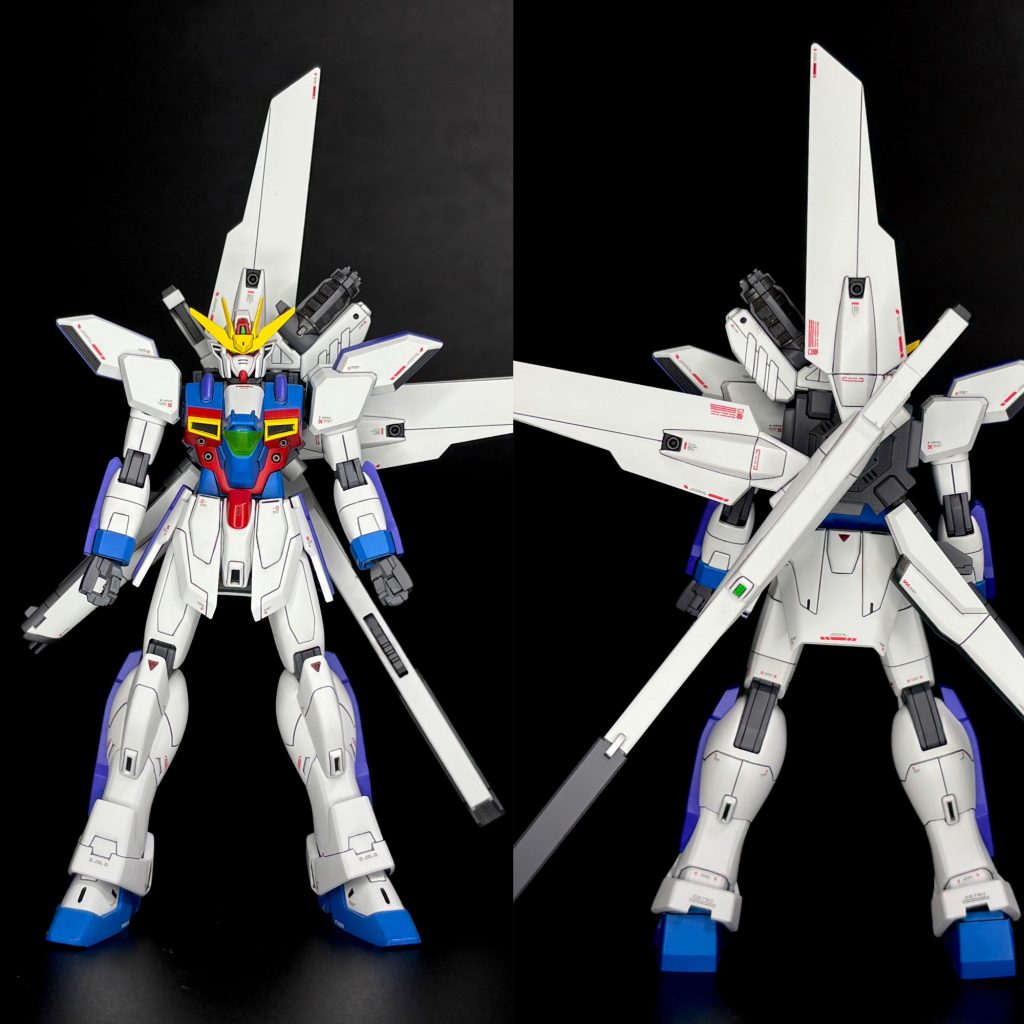 という訳で全身像のシルエットチェック。ビームライフルもバックパックにマウントしてます。ベクトルの合成抵抗みたいにあらゆる方位に先端が飛び出してます。悪くは無いが…苦労してまで作る必要があったかと言われるとやや微妙(zaku-kao4)でもそれは作った結果としてわかる話なので、経験値は無駄にはなっていません。無駄にはなっていません！（大事な事）