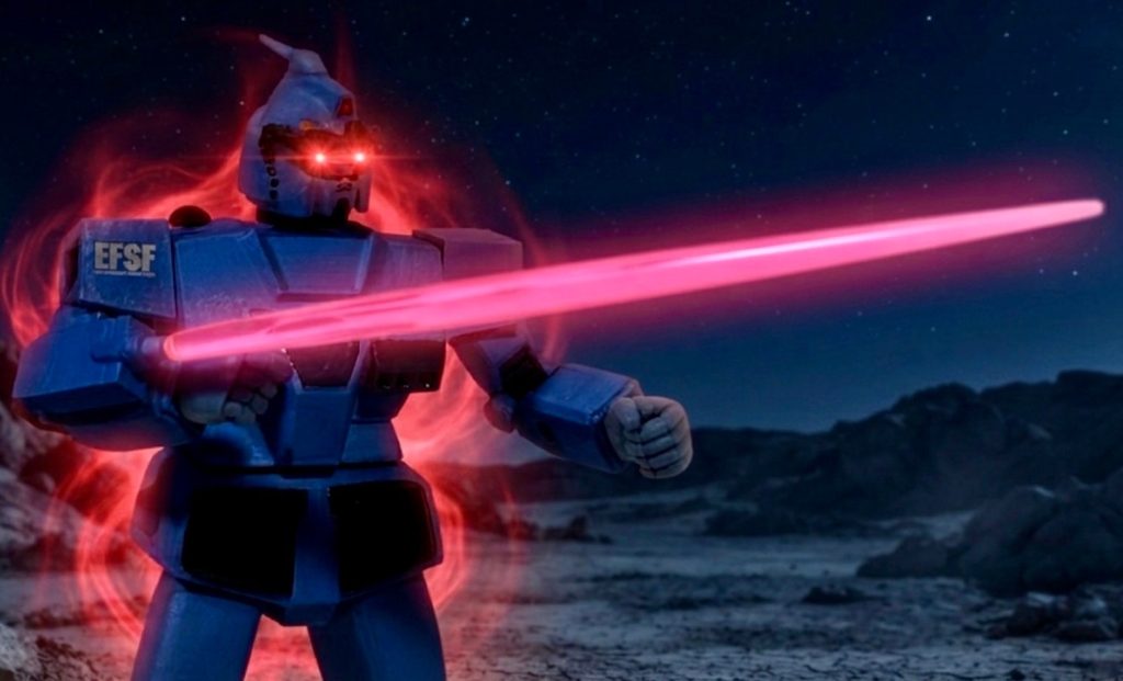 ビームサーベルを構える構図。こりゃ軽いホラーだな(gundam-kao9)