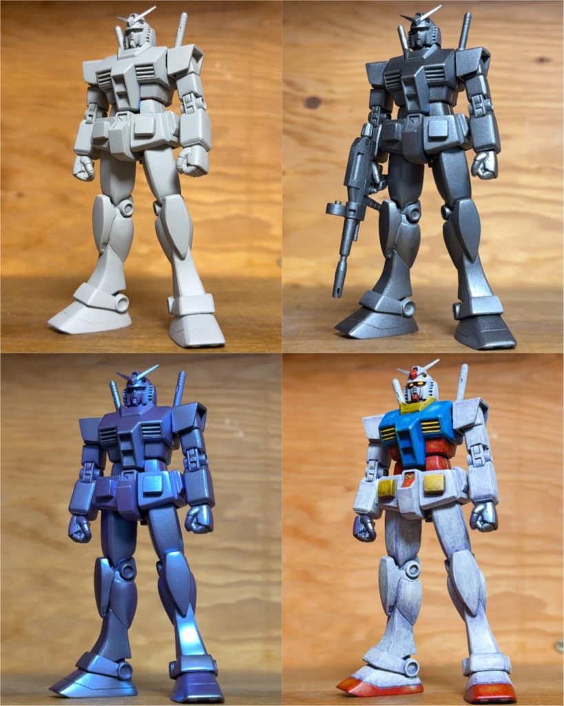 ◾️塗装下地はガンメタサフ+偏光パールチェリーピンクブルーで、その上に水性塗料を薄く塗り重ねて影の部分を透けさせ、安彦先生のオリジン作画のようなグラデーションを目指しました。