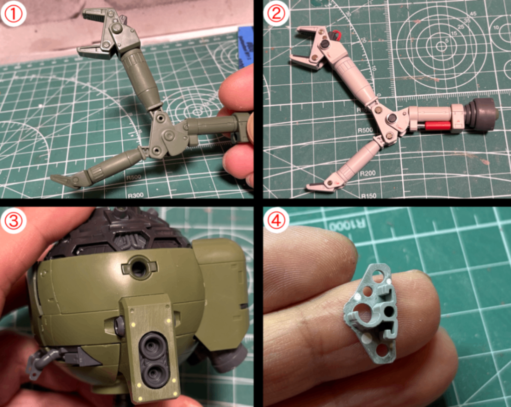①②アームは付属の金属パーツを使わず、別なアルミ棒とプラパイプを使ってシリンダーを制作もともとは逆で、太い方が金属で細い方がプラでした(①の写真をもっとわかりやすいのに撮り直すつもりでしたがすっかり忘れて作業してしまいました)③今回は金属パーツがとても多いのでバランスを考えて取捨選択していきます④押し出しピン埋め