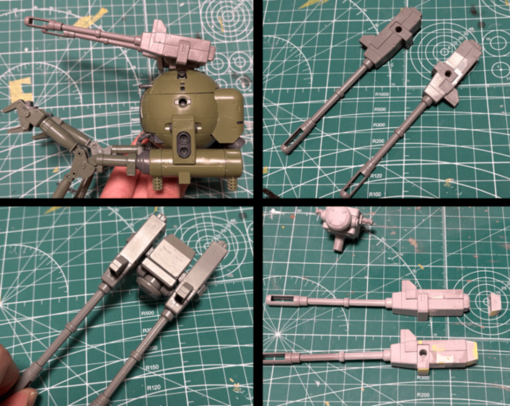 武装は08小隊版のものに変更とりあえずそのまま付けてみたものの妙にバランスが悪く感じたので、接続位置を内部のポリキャップごと移動し、全体を後ろに下げていますオークションで武装パーツのみ購入したしたのですが、ある程度加工が済んだところで後ろのパーツが欠品していることが判明どうりでバランスが悪く感じるワケだぜ幸い単純な形状なのでプラ板で足りない部分を制作して補いました