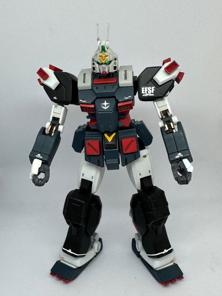 頭部、脚部はガンダムMk.Ⅱ。足首はサンボルFA。　アンクルアーマーはサイズが合わなかったので延長。スネはビルダーズパーツとジムスナイパーⅡで。　ヘイズルみたいになってしまいました。二の腕はRGガンダムです。額の日差し？もプラ板で。　イカリマーク上部はプラ板、下部はガンダムのふんどし部を使用。　今回一番苦労した部分です。&nbsp;