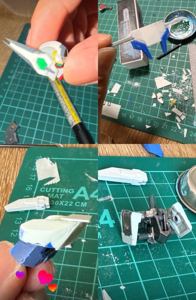 パテ、プラ板、アクリルマーカーと普段使わなかったものに挑戦しました。めちゃくちゃ難しいですね。皆さんの技術凄いなと改めて痛感しました。頭部を以下にアストレアふうに見せるか、結構大変でした。ビームサーベルを付けるおしりの部分はダブルオーから流用したかったんですが、なかったのでプラ板とエクシアの肩部を切り刻んでつけました。