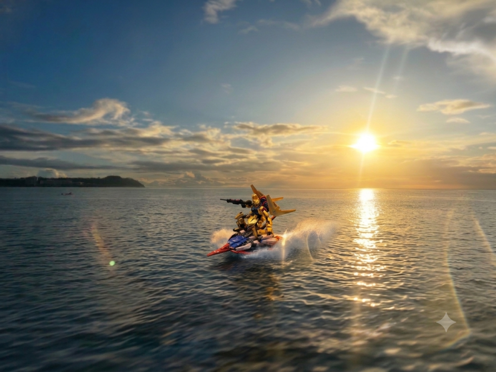 作品名：旅先で見つけました<p>旅先で海に沈む夕日を眺めていたら・・・ 夕日に照らされ金色に輝くアイツを見つけました😆</p>
