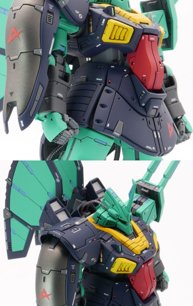 デカールは各部に既存のコーションデカール、アムロのパーソナルマークはνガンダム用のガンダムデカールを使用しました。コーションデカールは精密感を出せるようになるべく細かく切り分けて各部に貼り付けたのですが……どれほどの効果があったのやら。