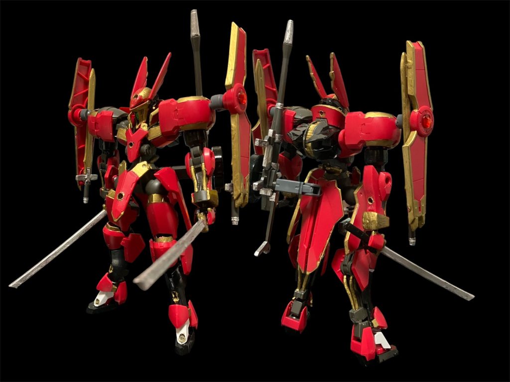 グリムジェミニ。アームシールドを肩に移設し、追加で刀の二刀流。ここまでは手持ちのジャンク・残りパーツでミキシング。