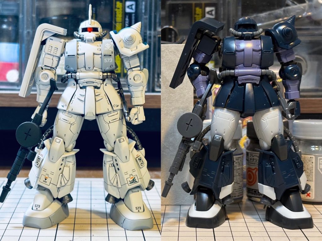 頭部アンテナはHGUCのものをシャープ化して移植。シールドのリブとフロントアーマーのちょんちょんはプラ板にて。右肩のスリットはHGUCのものを周辺ごとくりぬき、同じ形にくり抜いたオリジンHGの肩へ移植しました。手の甲と握り拳もHGUCを小加工で取りつけ。右手首の軸はコトブキヤのノズルパーツで隠しています。ライフルのストックはいつものようにスッと持てるよう薄く加工。