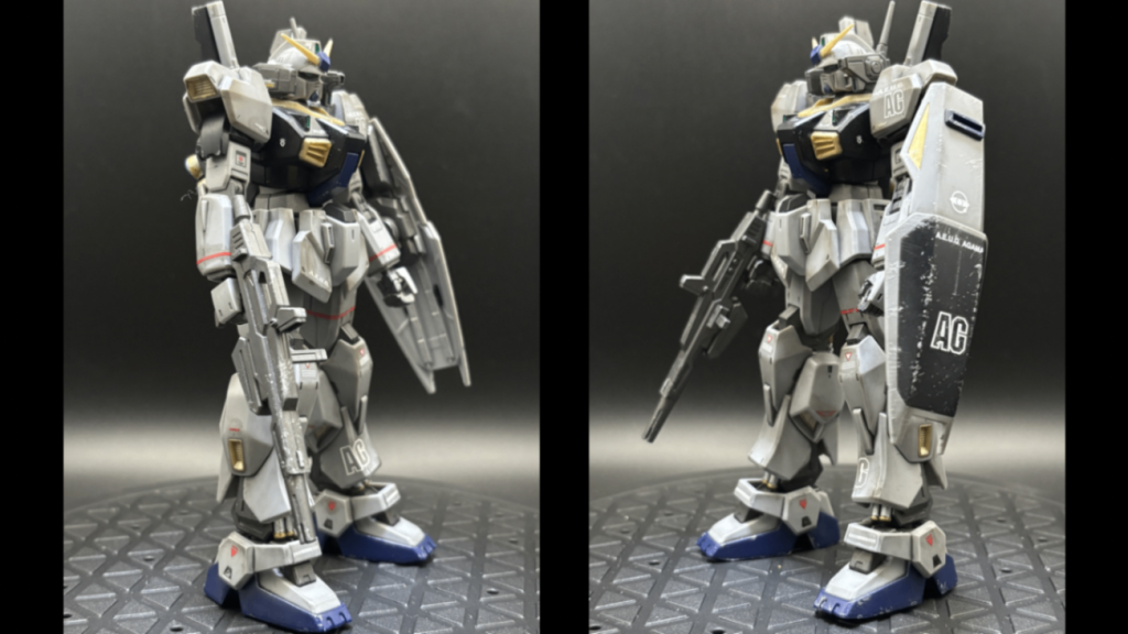 側面です。付属の水転写デカールの”AG”がカッコよくてお気に入りです✨脚部に貼った方はエッジがあるので苦労しました(gundam-kao5)位置修正している内に破れてしまいました…が、心を落ち着けて上手いこと貼り合わせました(gundam-kao2)