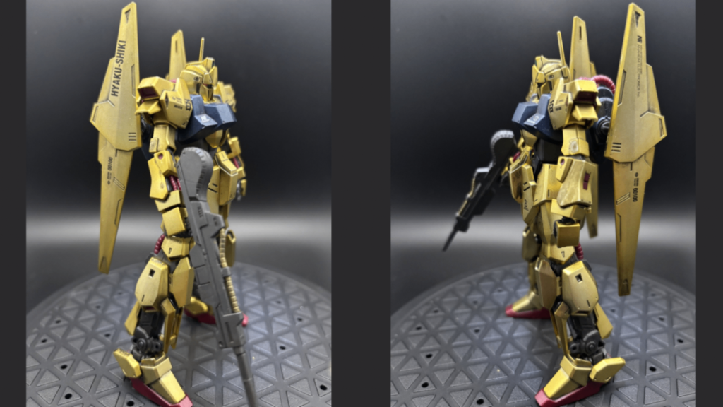 側面です。ビームライフルはノズル部分のみガンダムマーカー ガンダムゴールドで部分塗装。背中のウイングバインダーが特徴的ですね。接続はボールジョイントで、開きめにしたり角度を付けたりできます。ウイングの下部分も若干可動します。元々百式は可変MS（Zガンダム）の試作機「δガンダム」として開発された機体から生まれたそうです。胴体のフレーム強度などの問題から可変機構はオミットされましたが、背部のバインダー形状やムーバブル・フレームの露出などに可変機の系譜が色濃く残されているのだとか🧐変形機構をオミットする代わりに「通常のモビルスーツ」として高い運動性を追求し直して完成したのが百式なんですね。δって「デルタ」って読むの知らなかったぁ‼️え？そこじゃない？&nbsp;