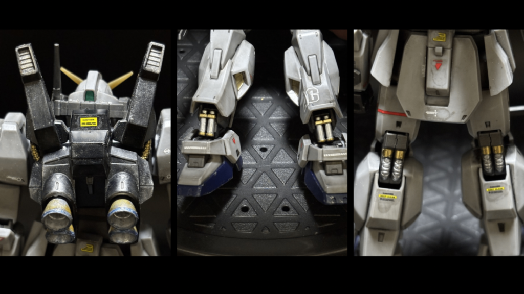 主に部分塗装したところ。バックパックのノズル、バーニア、脚部のシリンダーはガンダムマーカーのガンダムシルバー、ガンダムゴールドで塗り分けました✨僕の中では定番です(gundam-kao6)バーニアの金属焼けはリアルタッチマーカーとウェザリングマスターDで表現。もうちょっとこの部分は上手くなりたいところ。別のキットで挑戦ですね💪