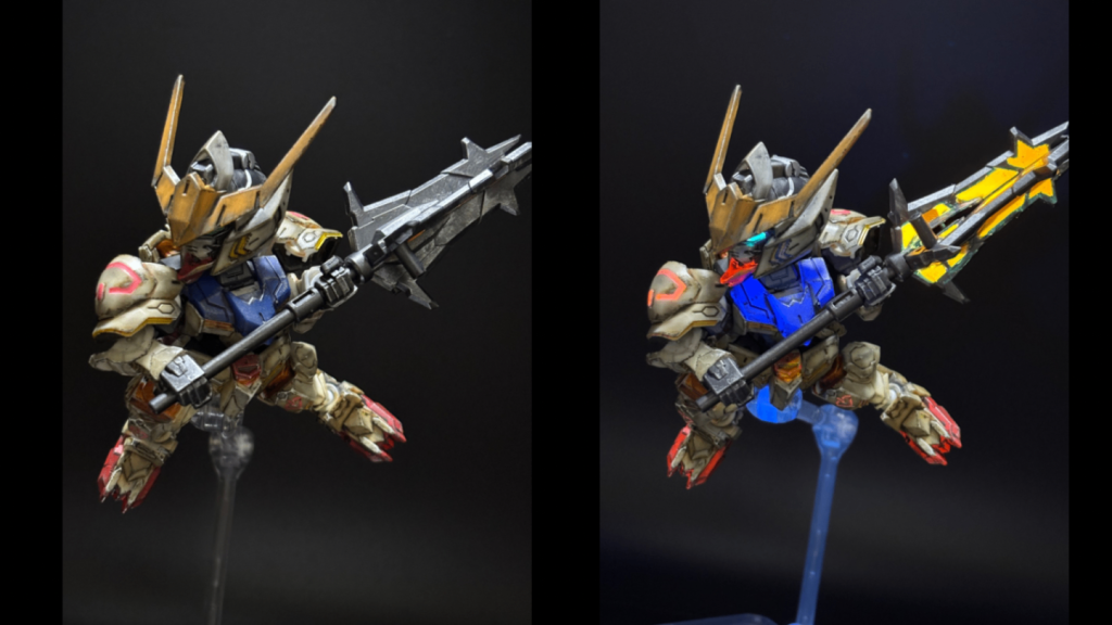 蛇足的に作った発光メイス✨メイスに大きな肉抜き穴があったんです(gundam-kao5)それで埋めるついでに発光ギミックにしてしまおうと思いつきまして（また、変な思いつきを…）クルッと回せば普通と発光ギミックの一粒で二度おいしい感じだしいっか❗️と作業を敢行しました（失敗もありました。詳しくは制作レポート⑦で…）ただ、見た目がなんか…宇宙恐竜ゼッ○ン…🙄
