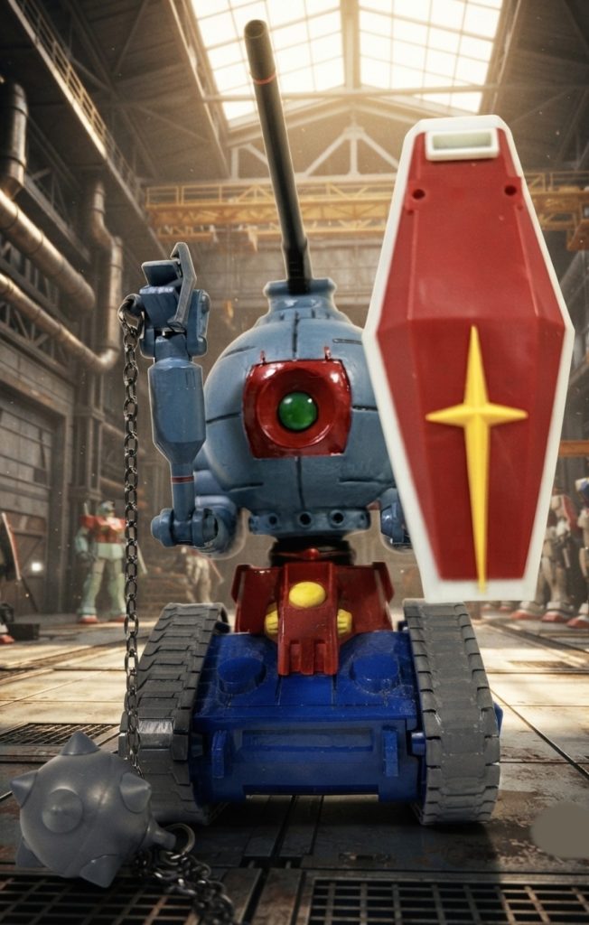 以下俺設定。「ガンダムの世界」にやってきたAチームは戦後、使われなくなったボール2機を回収しこれまたどこからともなくフェイスが調達してきたV作戦用モビルスーツの予備パーツを合体させて作り出されたのが、この「ボール・タンク」である。ガンタンクのキャタピラのおかげで地上での運用も可能となった本機は、メカの天才コングが開発した腰部の新型ジョイントで通常の戦車のように360度回転が可能になった(gundam-kao6)腹部の赤い箇所はセンサーの役割を果たす。パイロットはハンニバルとコング。頭部のキャノン砲だけでなくガンダムハンマーとガンダムシールドを兼ね備えたおかげで白兵戦がよりスムーズにできるようになり、街のゴロツキと化したジオン残党を叩きのめすぞ！！