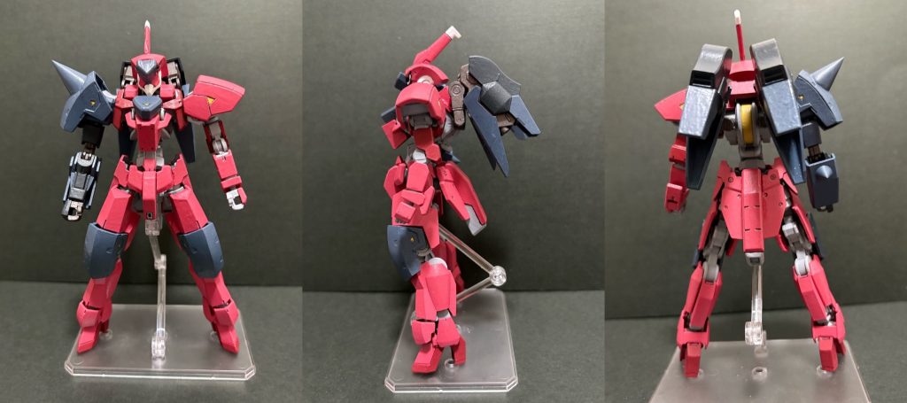 そのまま組むとプロポーションがアンバランスになるため、グレイズのフレームを延長・短縮しています。首2mm延長胴5mm延長肩2mm延長左腕3mm延長太腿4mm延長