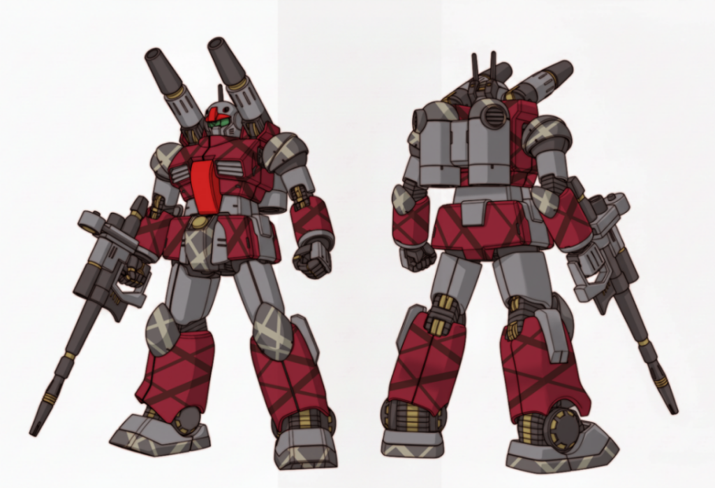 塗装・グレー部：水性サフ グレー・赤：水性ホビーカラー マホガニー + 水性ガンダムカラー ルナマリアピンク・黒：水性サフ グレー+ブラック・朱：水性ガンダムカラー ガンダムレッド + 水性ホビーカラー オレンジ・メカ：水性ホビーカラー 焼鉄色 / タミヤアクリル ゴールドリーフ・外装裏側：ダイソー アクリルマーカー メタルブラック・マーキング：ガンダムデカール（連邦軍表示) / アシタのデカール（番号）・ホワイトドット：30MM プロヴェデル テトロンシール・ウェザリング：リアルタッチマーカー / ウェザリングマスター / アクリルガッシュ