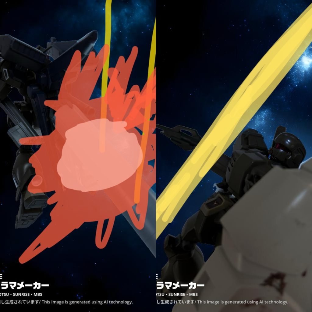 　その時、二条のビーム光がインターセプトカスタムのプロペラント・タンクを破裂させた。「何かにやられた⁉︎」　同じ頃、ドリスとアディスにも同じビームが襲ったが、少し掠めるだけで済ませた。「ッ……」