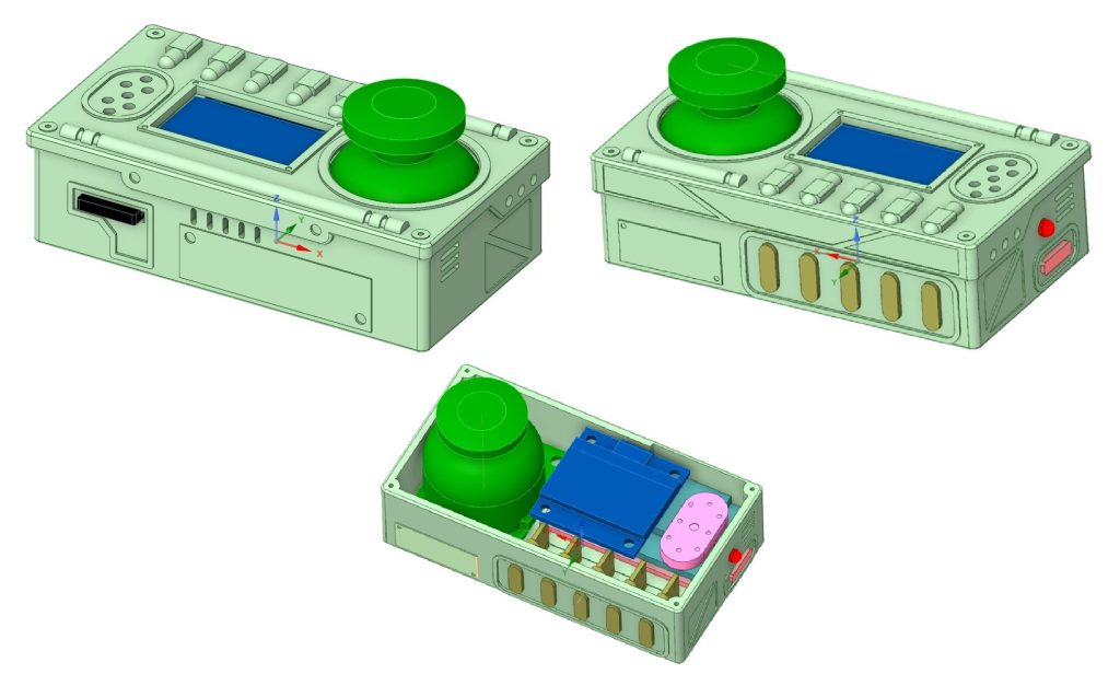 作成中。ユニットの外装と内部メカ配置は3D_CADで検討した後、3Dプリンタで出力しました。