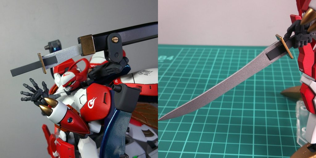 ORAソードは鞘ごとバックパックの中央にマウントしていますが、サブアームで接続されているので、抜きやすい位置に移動できます。ソードはスクラッチ品。塗装準備中に一回折れてしまい、よく見ると罅が見えます