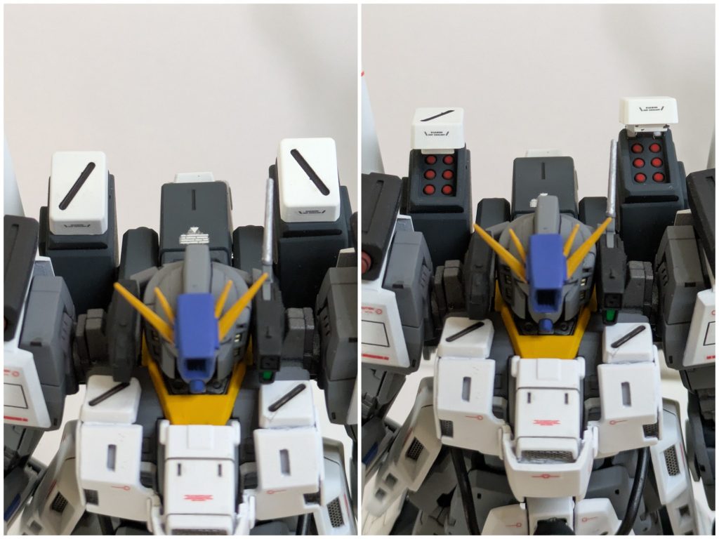 バックパックのマイクロミサイルポッドもカバーが展開可能。（プラモ的にはバスターガンダムの肩のミサイルを移植しました。）