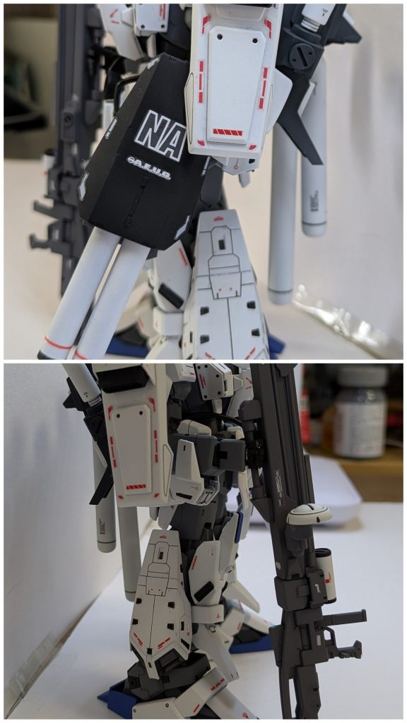 機体左右。肩の増加装甲は旧キットのFAZZ、脚部はRGのZやリゼルなのどのジャンクパーツ。